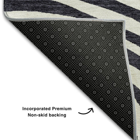 8' Black Ivory And Gray Abstract Washable Round Rug With UV Protection