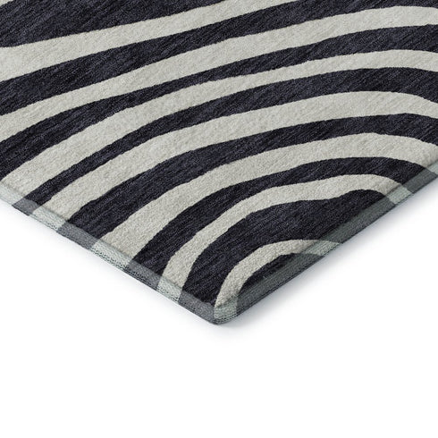 8' Black Ivory And Gray Abstract Washable Round Rug With UV Protection