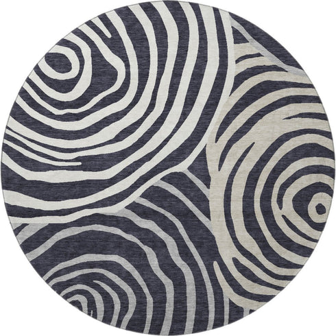 8' Black Ivory And Gray Abstract Washable Round Rug With UV Protection