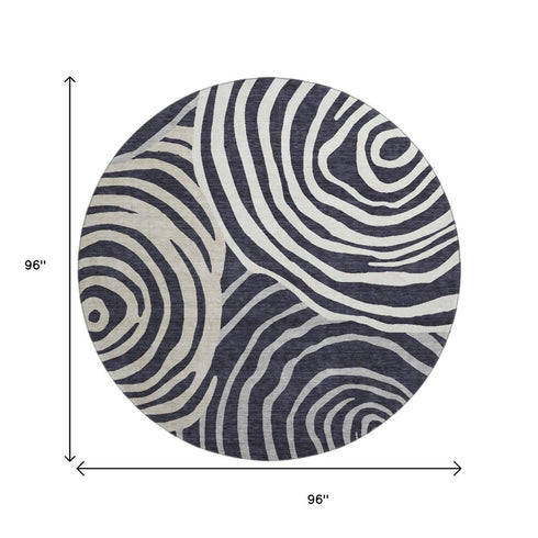 8' Black Ivory And Gray Abstract Washable Round Rug With UV Protection