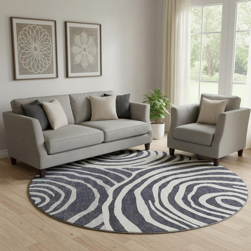 8' Black Ivory And Gray Abstract Washable Round Rug With UV Protection