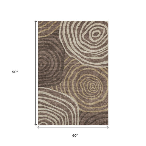 5' X 8' Brown Taupe And Ivory Abstract Washable Area Rug With UV Protection