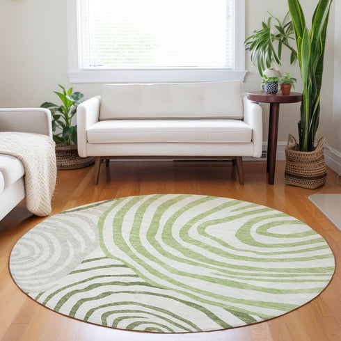 8' Green Gray And Ivory Abstract Washable Round Rug With UV Protection