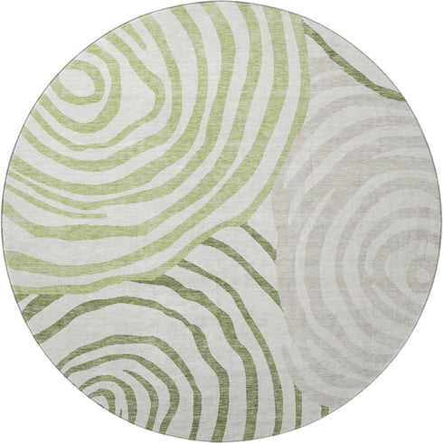 8' Green Gray And Ivory Abstract Washable Round Rug With UV Protection