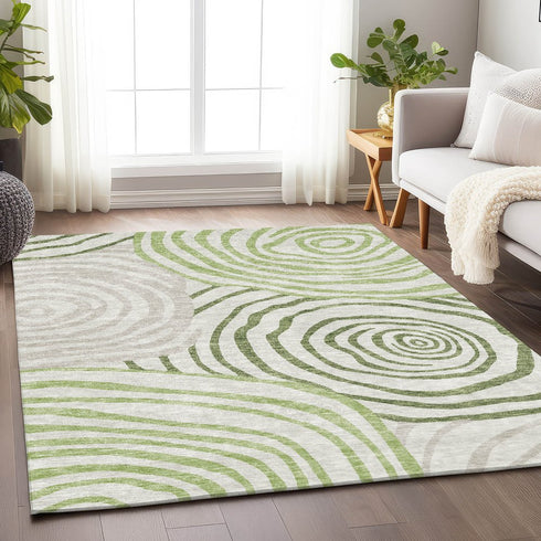 8' X 10' Green Gray And Ivory Abstract Washable Area Rug With UV Protection
