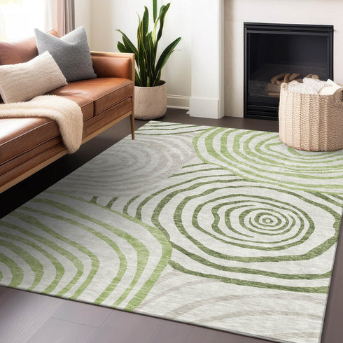 9' X 12' Green Gray And Ivory Abstract Washable Area Rug With UV Protection