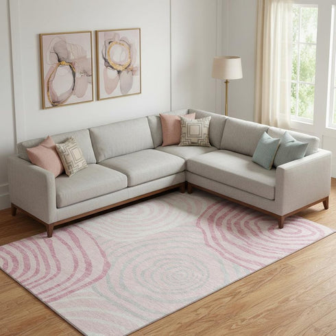 9' X 12' Pink Gray And Ivory Abstract Washable Area Rug With UV Protection