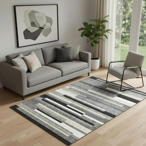 5' X 8' Black Gray And Ivory Striped Washable Area Rug With UV Protection