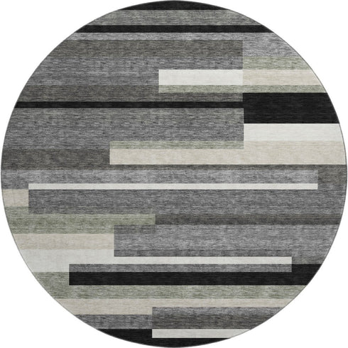 8' Black Gray And Ivory Striped Washable Round Rug With UV Protection