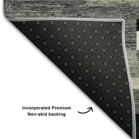 8' Black Gray And Ivory Striped Washable Round Rug With UV Protection