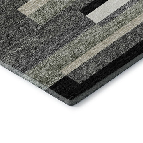 8' Black Gray And Ivory Striped Washable Round Rug With UV Protection