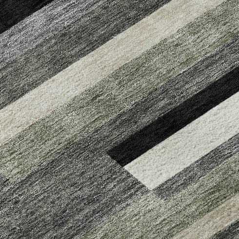 8' Black Gray And Ivory Striped Washable Round Rug With UV Protection