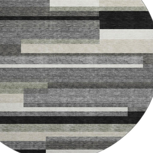 8' Black Gray And Ivory Striped Washable Round Rug With UV Protection