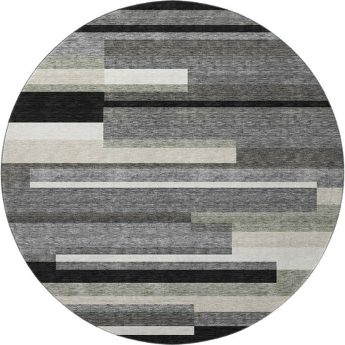 8' Black Gray And Ivory Striped Washable Round Rug With UV Protection
