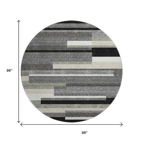 8' Black Gray And Ivory Striped Washable Round Rug With UV Protection