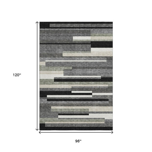 8' X 10' Black Gray And Ivory Striped Washable Area Rug With UV Protection