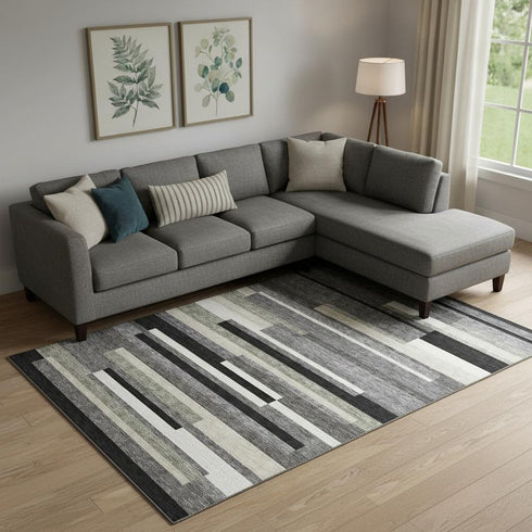 8' X 10' Black Gray And Ivory Striped Washable Area Rug With UV Protection