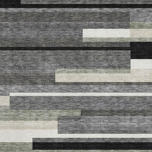 8' X 10' Black Gray And Ivory Striped Washable Area Rug With UV Protection