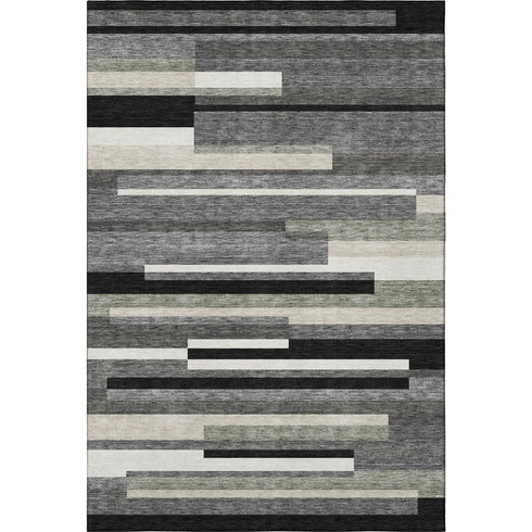 8' X 10' Black Gray And Ivory Striped Washable Area Rug With UV Protection