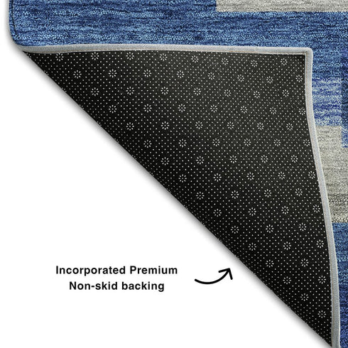 5' X 8' Blue Gray And Ivory Striped Washable Area Rug With UV Protection