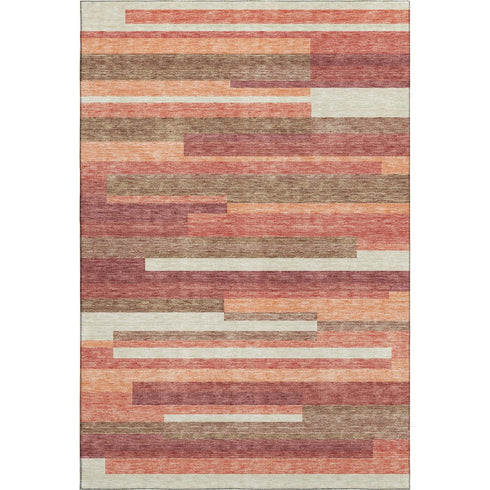5' X 8' Coral Taupe And Orange Striped Washable Area Rug With UV Protection