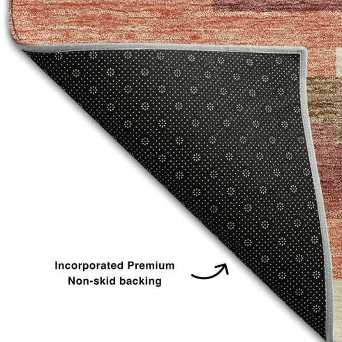 5' X 8' Coral Taupe And Orange Striped Washable Area Rug With UV Protection