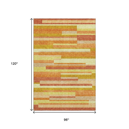 8' X 10' Orange And Gold Striped Washable Area Rug With UV Protection