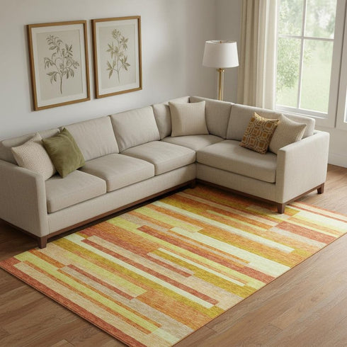 8' X 10' Orange And Gold Striped Washable Area Rug With UV Protection