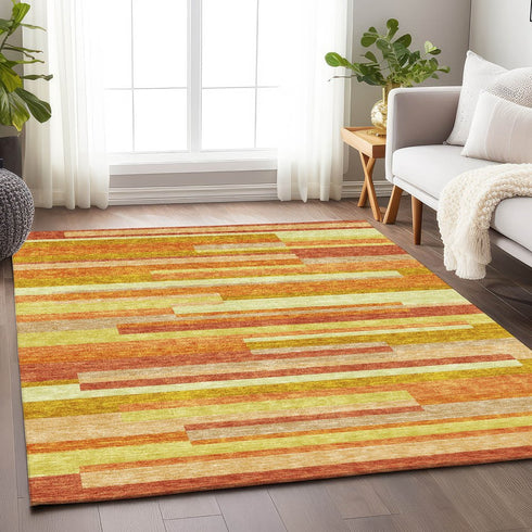 8' X 10' Orange And Gold Striped Washable Area Rug With UV Protection