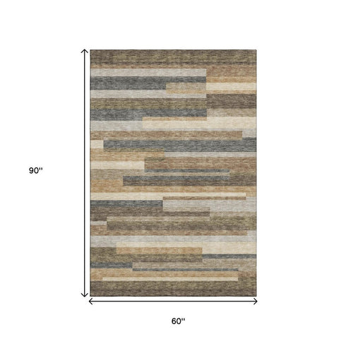 5' X 8' Taupe Gray And Silver Striped Washable Area Rug With UV Protection