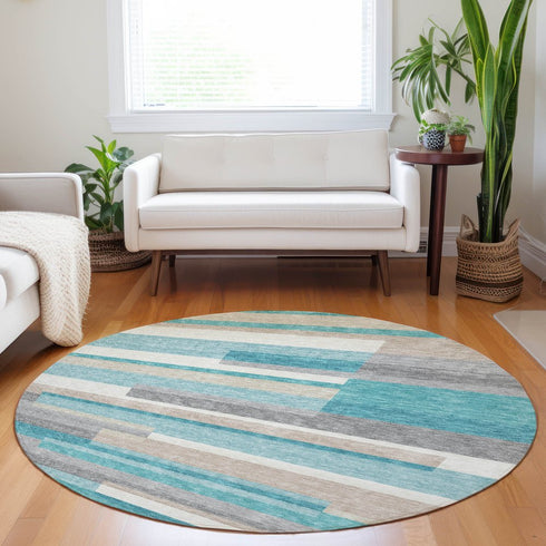 8' Teal Ivory And Beige Striped Washable Round Rug With UV Protection