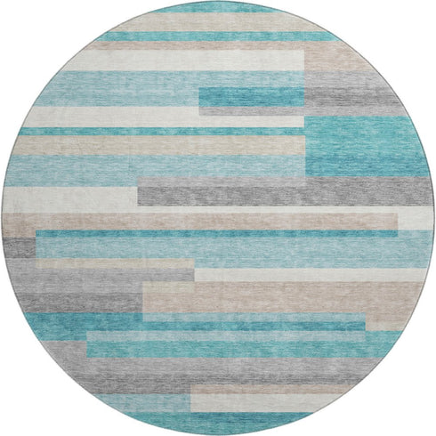 8' Teal Ivory And Beige Striped Washable Round Rug With UV Protection