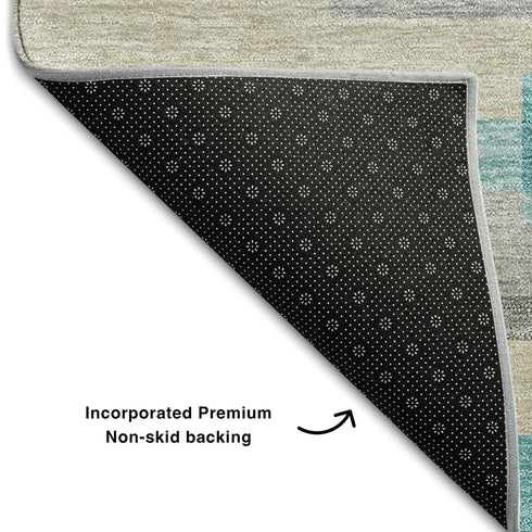 8' Teal Ivory And Beige Striped Washable Round Rug With UV Protection