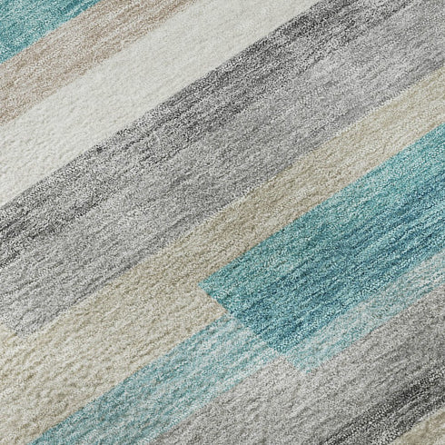 8' Teal Ivory And Beige Striped Washable Round Rug With UV Protection