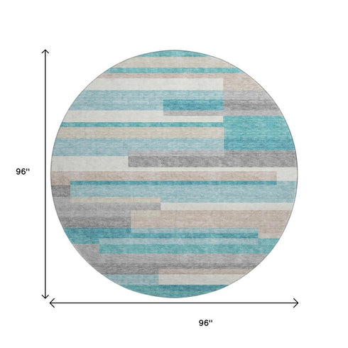 8' Teal Ivory And Beige Striped Washable Round Rug With UV Protection