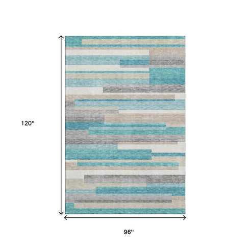 8' X 10' Teal Ivory And Beige Striped Washable Area Rug With UV Protection