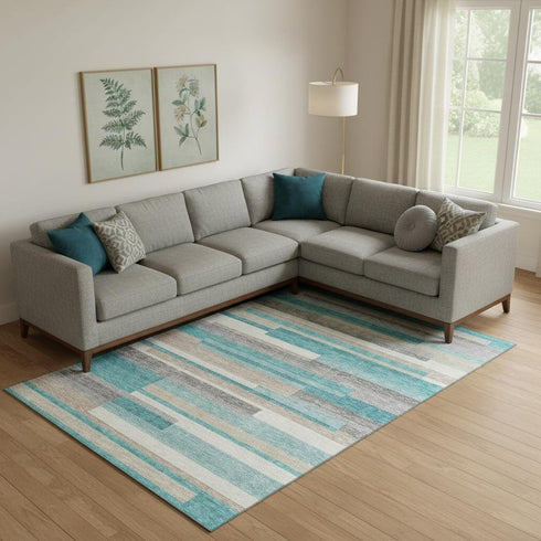 8' X 10' Teal Ivory And Beige Striped Washable Area Rug With UV Protection