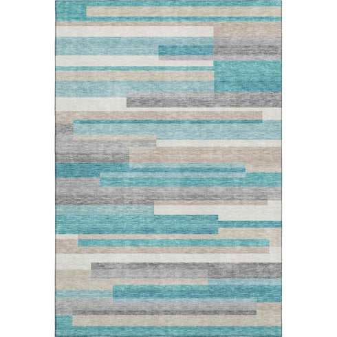 8' X 10' Teal Ivory And Beige Striped Washable Area Rug With UV Protection