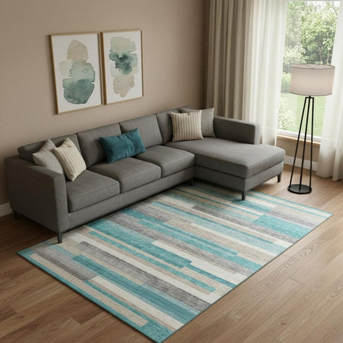 9' X 12' Teal Ivory And Beige Striped Washable Area Rug With UV Protection