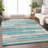 9' X 12' Teal Ivory And Beige Striped Washable Area Rug With UV Protection