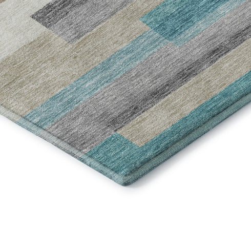 9' X 12' Teal Ivory And Beige Striped Washable Area Rug With UV Protection