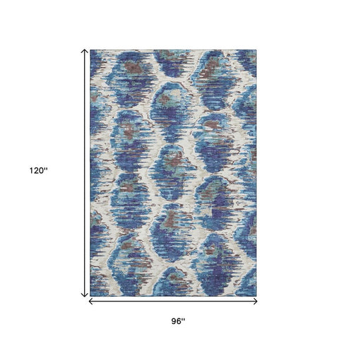 8' X 10' Blue Brown And Ivory Diamond Washable Area Rug With UV Protection