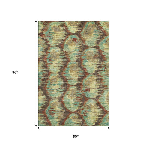5' X 8' Brown Teal And Rust Diamond Washable Area Rug With UV Protection