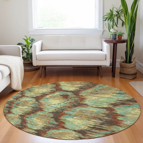 8' Brown Teal And Rust Diamond Washable Round Rug With UV Protection