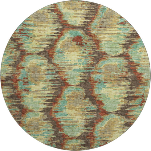 8' Brown Teal And Rust Diamond Washable Round Rug With UV Protection