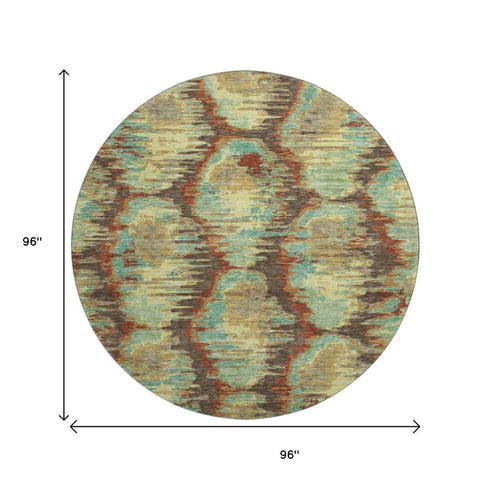 8' Brown Teal And Rust Diamond Washable Round Rug With UV Protection