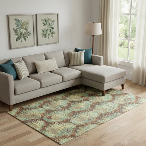 8' X 10' Brown Teal And Rust Diamond Washable Area Rug With UV Protection