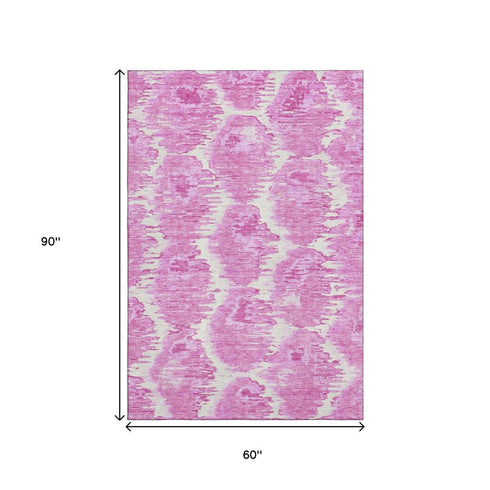 5' X 8' Pink And Ivory Diamond Washable Area Rug With UV Protection