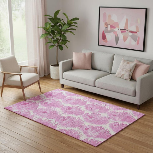 5' X 8' Pink And Ivory Diamond Washable Area Rug With UV Protection
