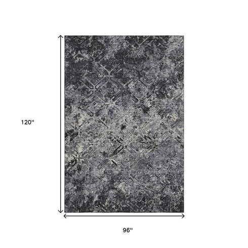 8' X 10' Black Gray And Silver Diamond Washable Area Rug With UV Protection